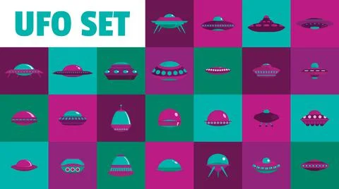 Neon ufo set, flat style Stock Illustration