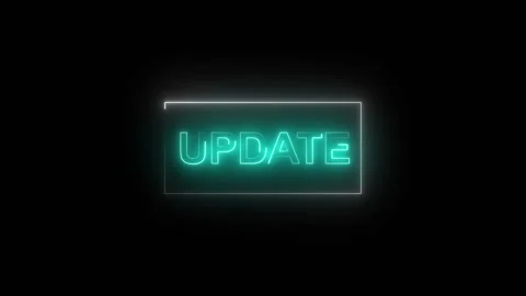 Neon update text glows in a teal rectangle on a dark background. This neon .. Video stock 337620230