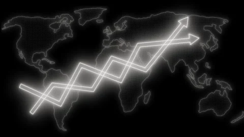 Neon upward arrows over dotted world map animation Video stock 335488092