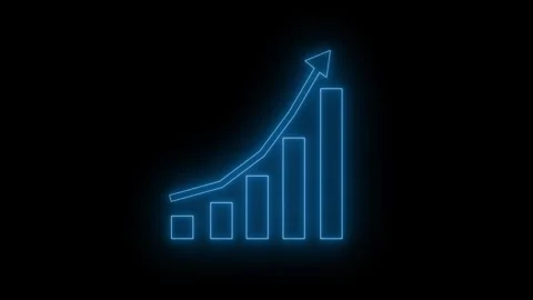 Neon upward trending bar chart and arrow on black background, glowing infog.. Stockbeeldmateriaal 337077395