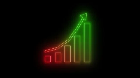 Neon upward trending bar chart and arrow on black background, glowing infog.. Stockbeeldmateriaal 337077444