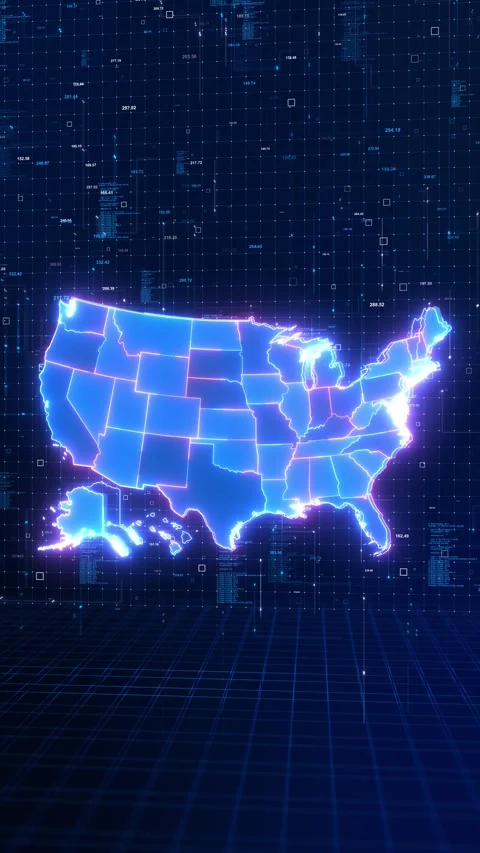 Neon USA State Map on Digital Matrix Grid Background Stock Footage 342617444