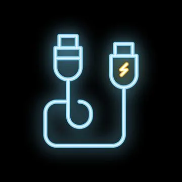 Neon usb cable icon glowing on dark background Stock Illustration