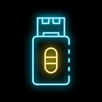 Neon usb flash drive icon glowing on dark background Stock Illustration