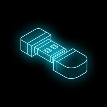 Neon usb flash drive icon glowing against a dark background Stock Illustration