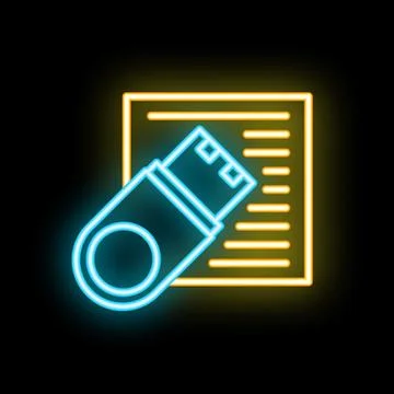 Neon usb flash drive icon transferring data to document Stock Illustration