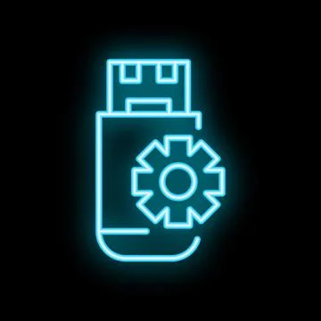 Neon usb flash drive icon glowing on black background 스톡 일러스트