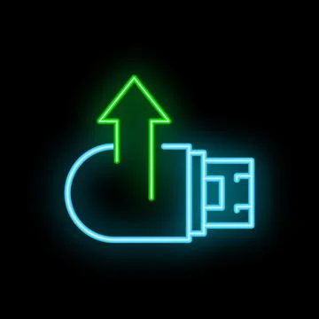 Neon usb flash drive icon with uploading arrow glowing in dark 스톡 일러스트