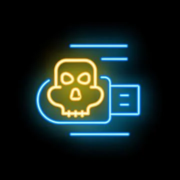 Neon usb flash drive spreading virus malware with skull and crossbones symbol Stock Illustration