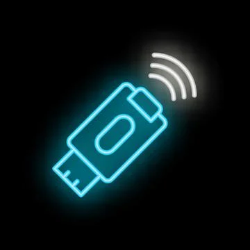 Neon usb flash drive transmitting data icon glowing on dark background Stock Illustration
