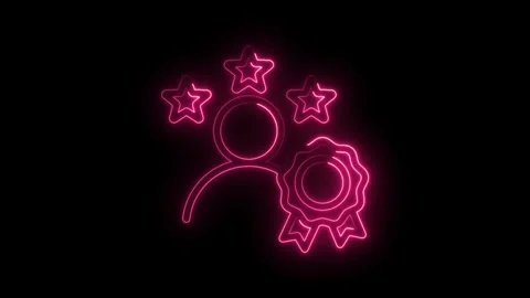Neon user profile icon with stars and award badge on black background Stock Footage 330777357