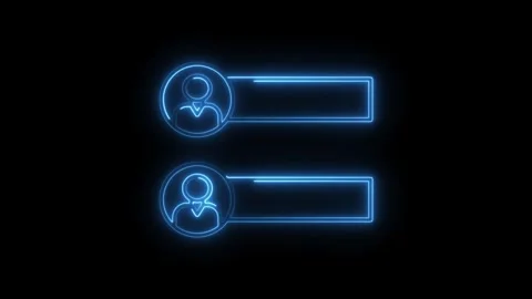 Neon user profile interface elements in blue glowing animation on black bac.. Video stock 308902565