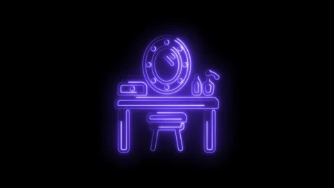 Neon vanity table and stool glowing with purple light on black background Stock Footage 322993358