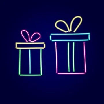 Neon vector gift box. Colorful present. Blue background 스톡 일러스트