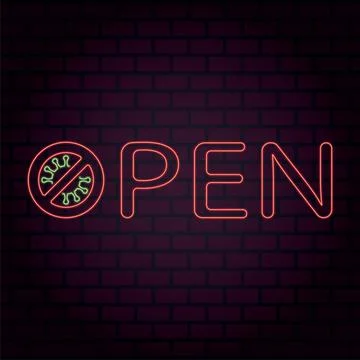 Neon vector sign open after coronavirus quarantine, isolation and lockdown. Stock Illustration