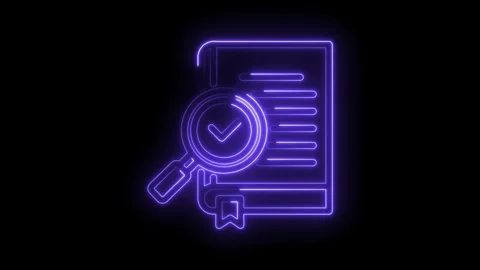 Neon verified document with magnifying glass inspecting and checkmark Stock Footage 330777934