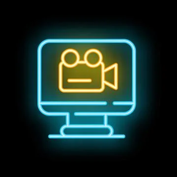 Neon video camera icon glowing inside computer screen Stockillustratie