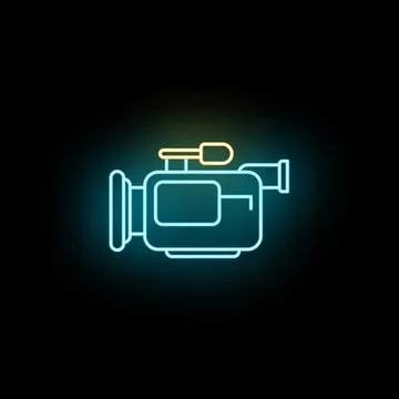 Neon video camera icon glowing on black background Stock Illustration
