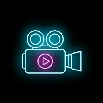 Neon video camera icon with play button 스톡 일러스트