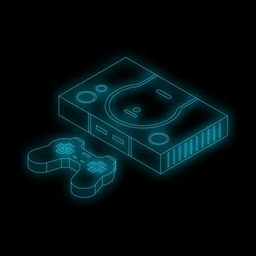 Neon video game console and controller glowing on black background Stock Illustration