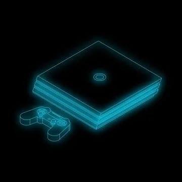 Neon video game console and controller glowing on black background Stock Illustration