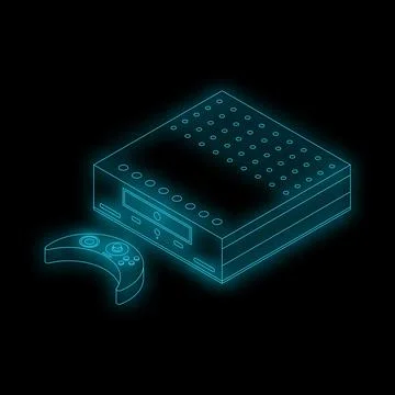 Neon video game console being operated with wireless controller Illustrazione stock