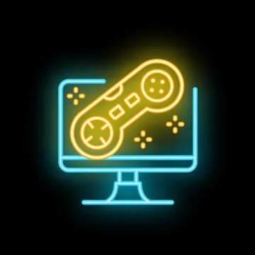 Neon video game controller appearing from computer screen Stock Illustration