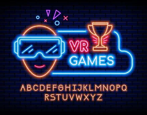 Neon video game text. VR computer gaming. Glowing signboard. Alphabet uppercase Stock Illustration