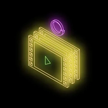 Neon video player showing rotating update icon on black background Illustrazione stock