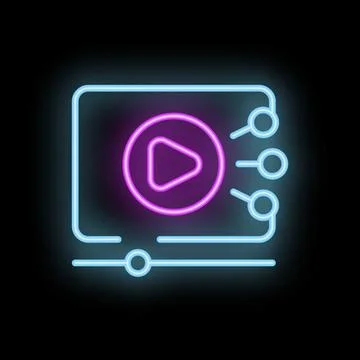Neon video streaming service icon with play button on black background Stock Illustration