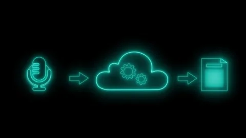 Neon voice-to-cloud-to-document workflow animation Stock Footage 334763943