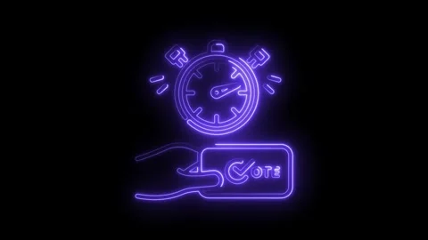 Neon voting reminder with clock and voter card graphic motion design on bla.. Stock Footage 345996672