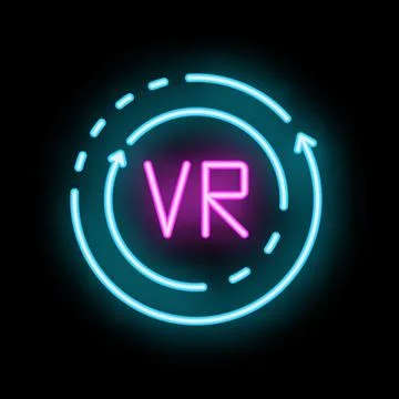 Neon vr logo glowing with rotating arrows on black background Stock Illustration