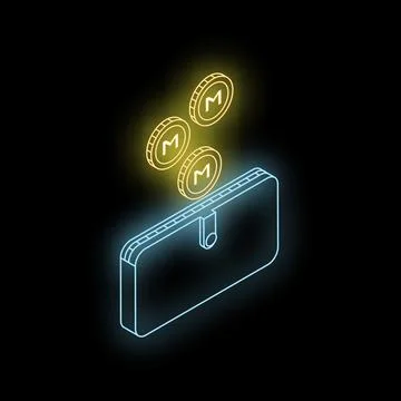 Neon wallet receiving cryptocurrency on black background Stock Illustration