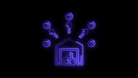 Neon warehouse distribution logistics network icon animation on black backg.. Stock Footage 308194230