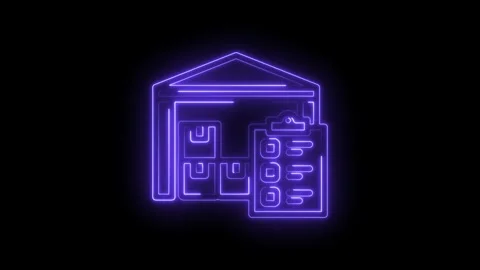 Neon warehouse icon with boxes and checklist glowing purple on black backgr.. Stock Footage 346132122
