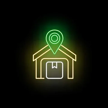 Neon warehouse icon showing package location pin Stockillustratie