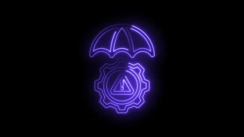 Neon warning gear under umbrella icon glowing purple on black background re.. Stock Footage 346103523