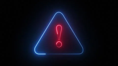 Neon warning sign with glowing exclamation mark symbol on dark background Stock Footage 339075646