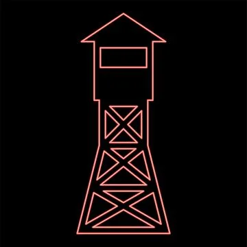 Neon watching tower Overview forest ranger fire site red color vector illus.. Stock Illustration