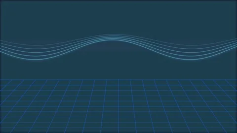 Neon wave lines floating over grid perspective surface in retro synthwave a.. Stock Footage 342322334