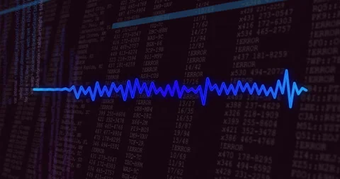 Neon waveform animation over digital data and error codes on dark background Stock Footage 304862605