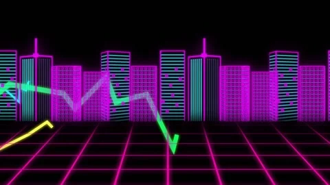 Neon waveform lines emerging then sweeping across grid to show data trends over Stock Footage 317117258