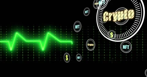Neon waveform pulsing dot grid, frame3 spawning crypto NFT tokens moving inward Stock Footage 333829924