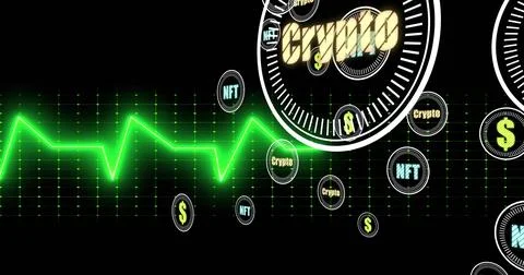 Neon waveform pulsing dot grid, frame3 spawning crypto NFT tokens moving inward Stock Illustration