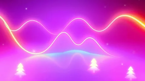 Neon Waves Christmas: Light Lines &amp; Christmas Trees over Pastel Hills Stock-Footage 330320102
