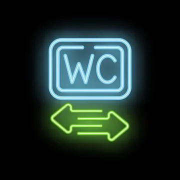 Neon wc sign with double arrow pointing to the right and left on black back.. Stock Illustration