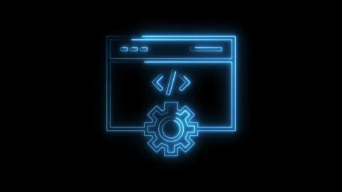 Neon web browser with gear and code symbol animation for technology theme Stock Footage 312448065