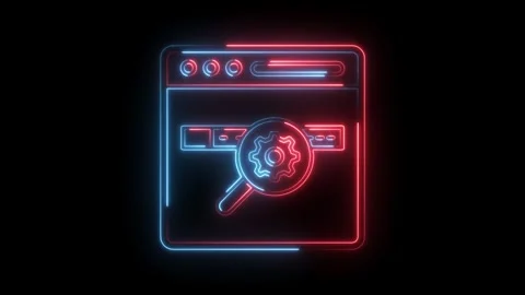 Neon web browser icon with magnifying glass and gear exploring settings on black Stock Footage 322989498