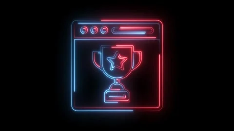 Neon web browser window displaying trophy with star symbol achieving online Stock Footage 322989542